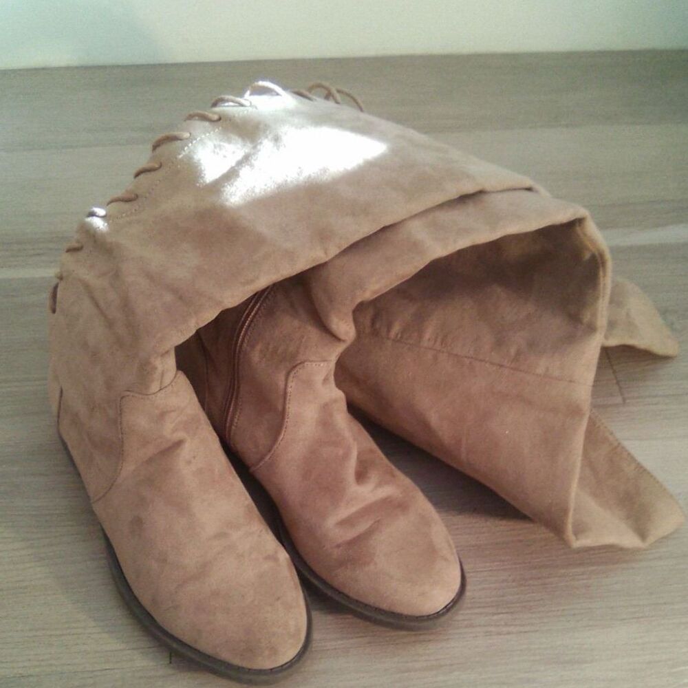 Beautiful Meagan Women's Knee-High Faux Suede Lace up Boots Tan Side Zip, 6(W)